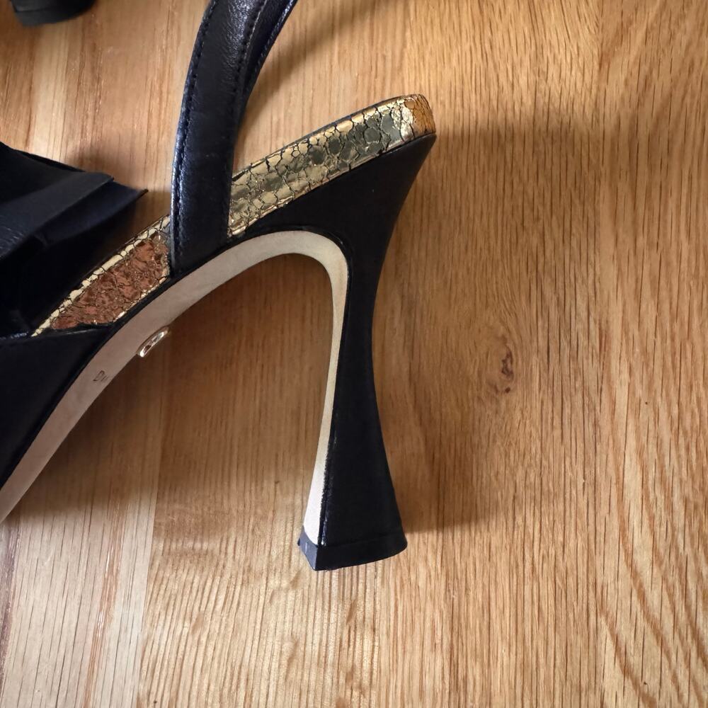 Dee Ocleppo Flutter Leather Ruffle Black Gold Open Toe Slingback Heel Size 10 - Picture 11 of 13
